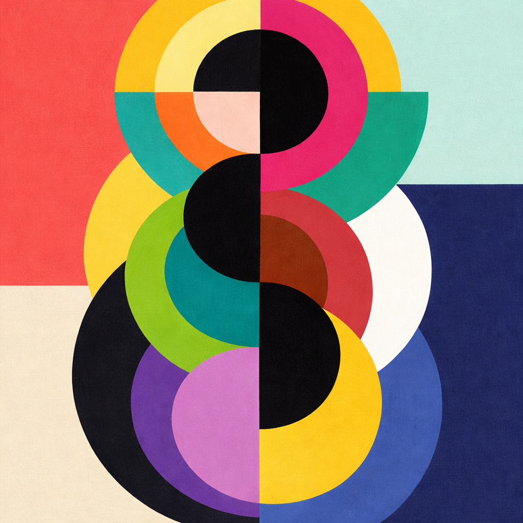 Tableau abstrait géométrique avec cercles colorés et composition équilibrée
