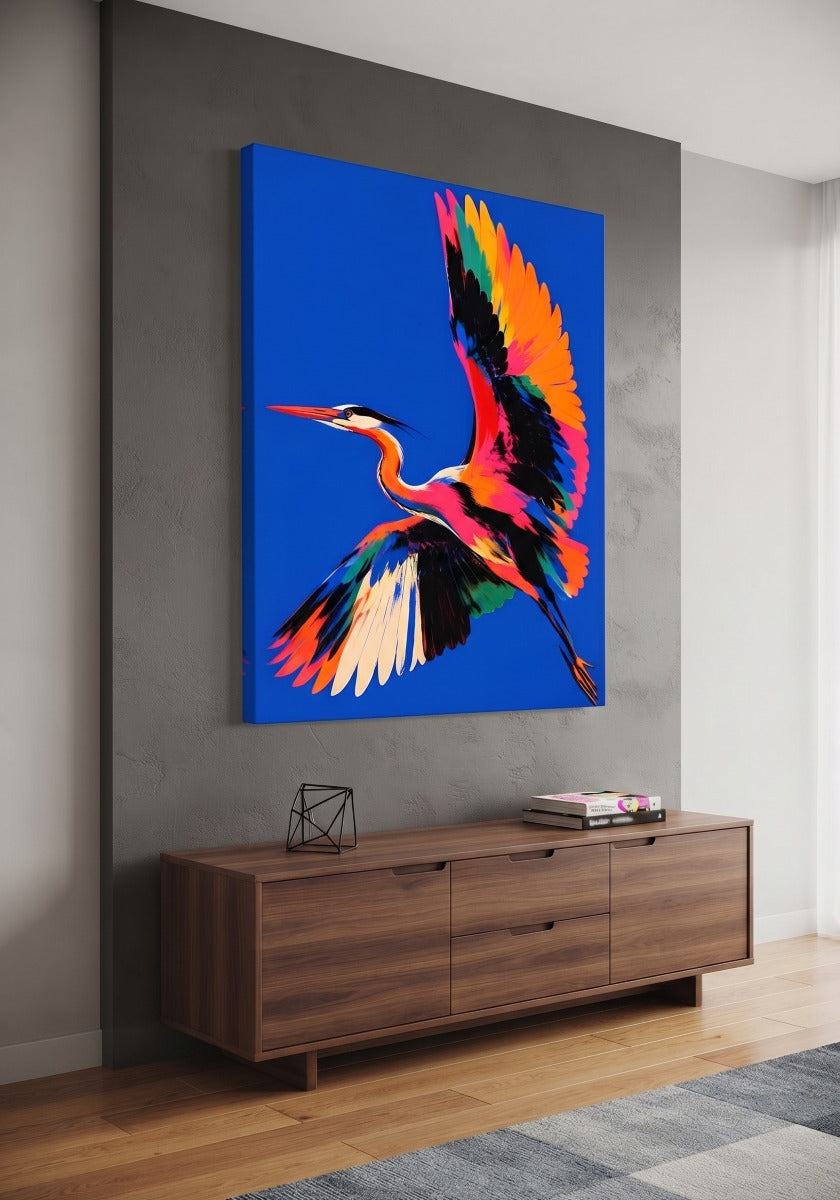 Tableau héron moderne aux ailes multicolores sur fond bleu intense

