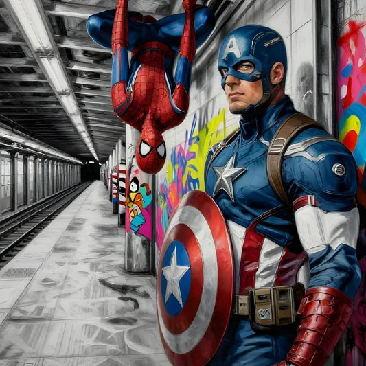 Tableau moderne pop art scène urbaine graffiti ambiance métro contemporain avec Spiderman et Captain America
