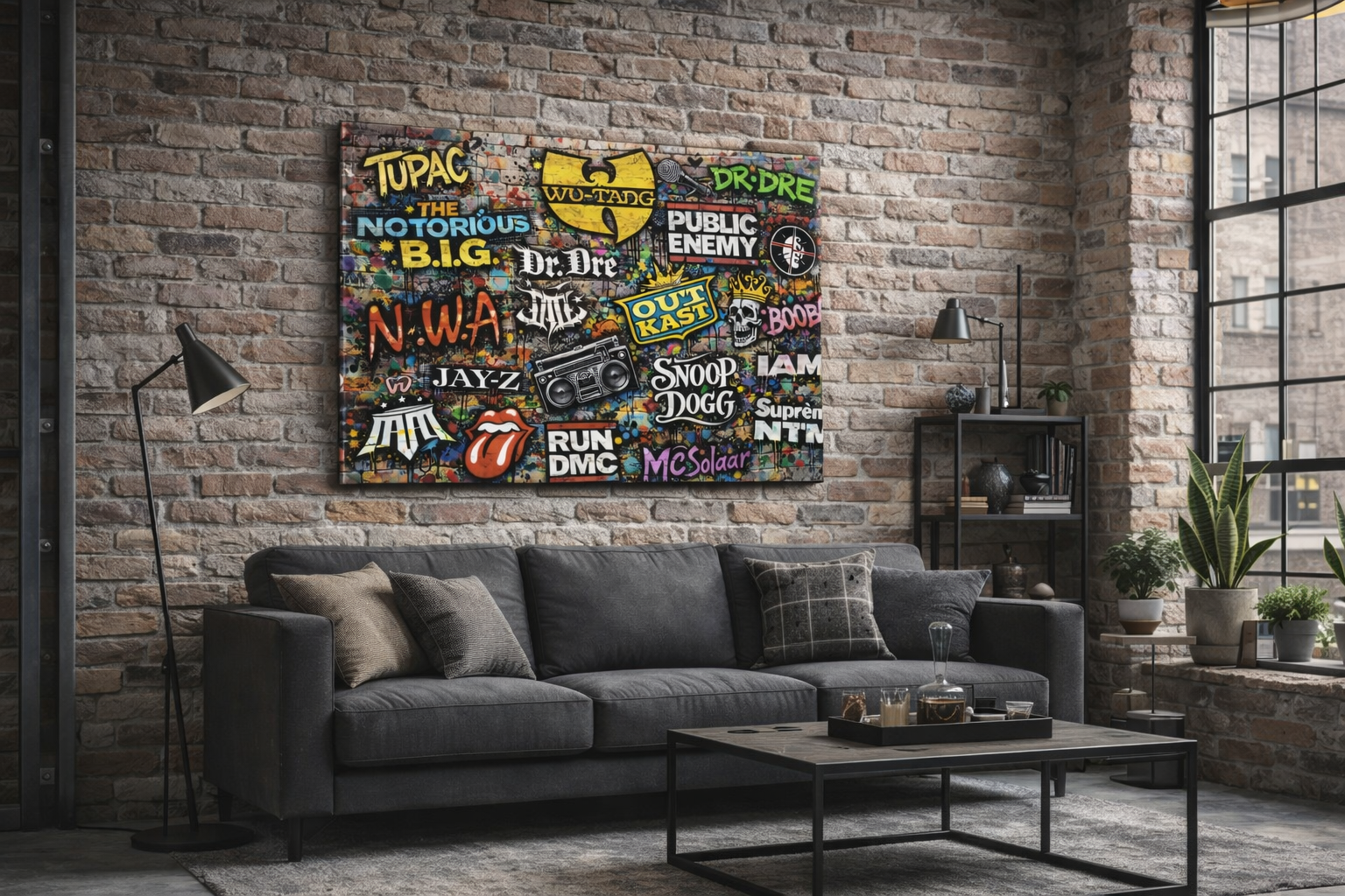 Tableau pop art hip-hop en situation dans un intérieur contemporain
