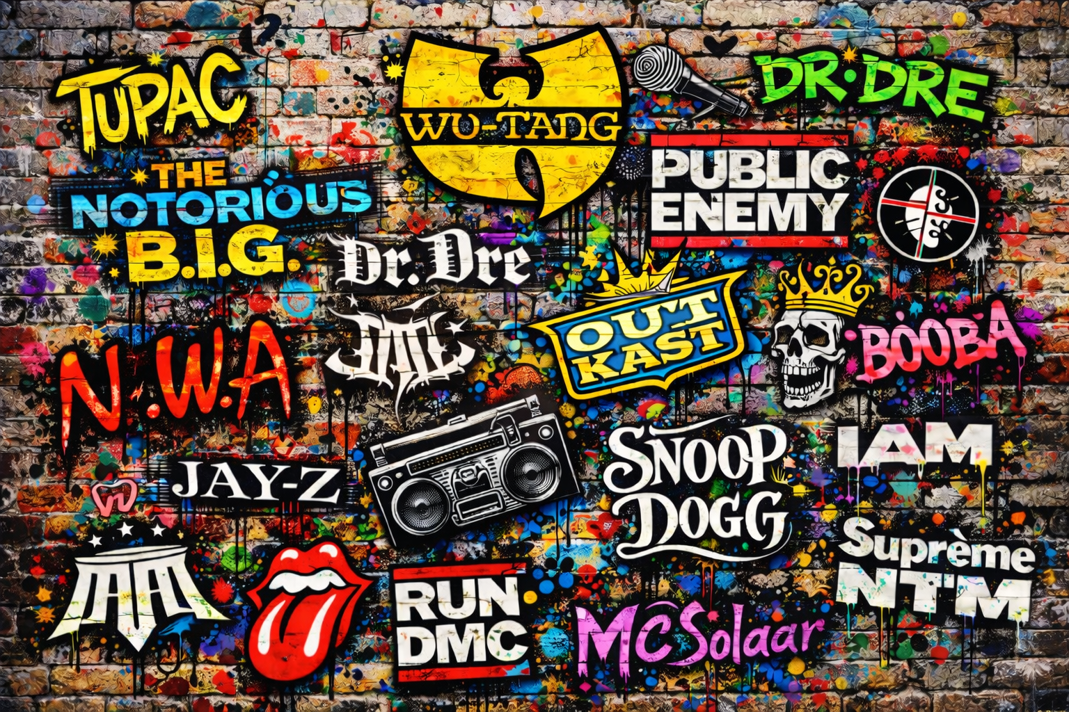 Tableau pop art hip-hop avec logos et références musicales
