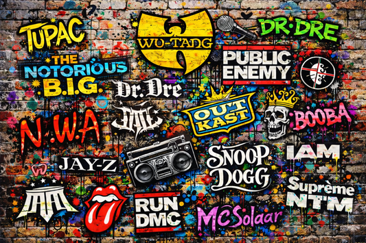 Tableau pop art hip-hop avec logos et références musicales
