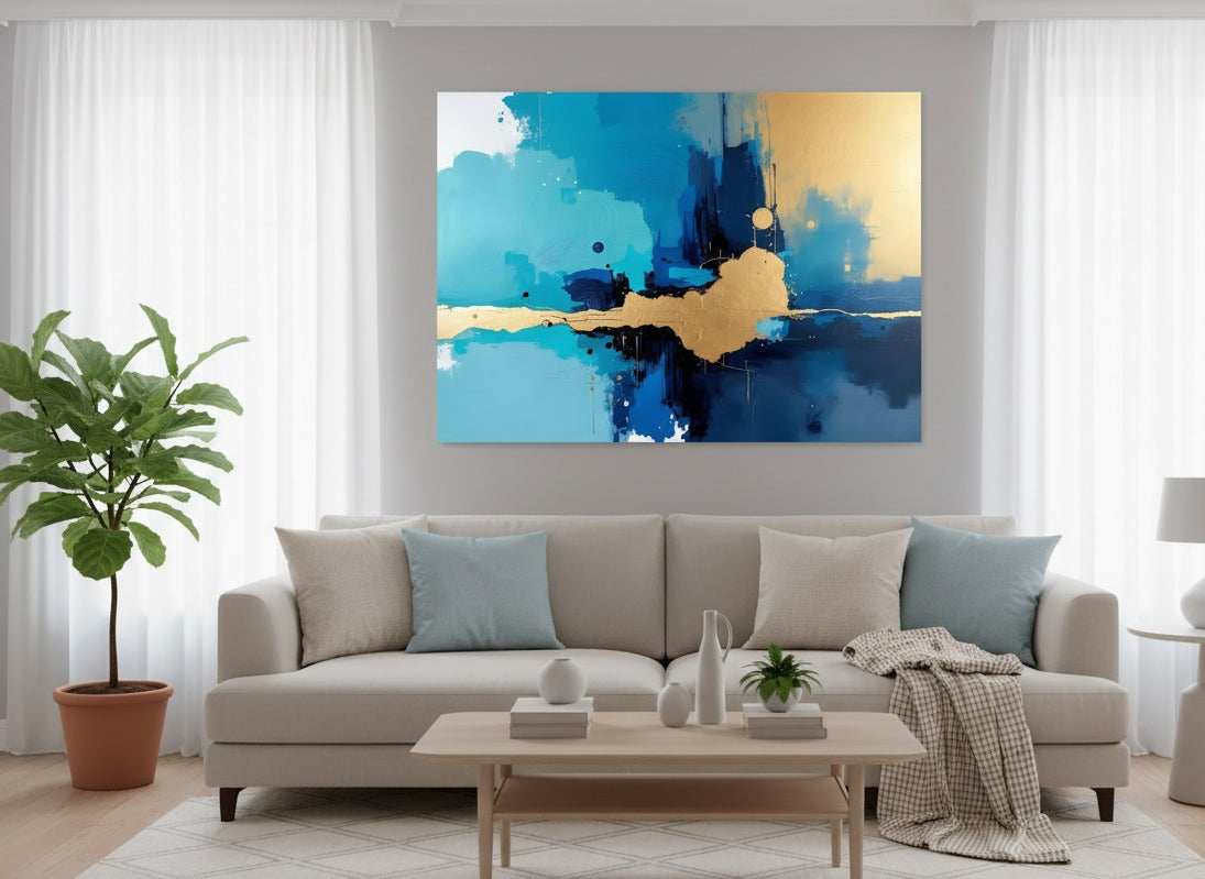 Tableau abstrait bleu et or en décoration murale dans un salon moderne lumineux
