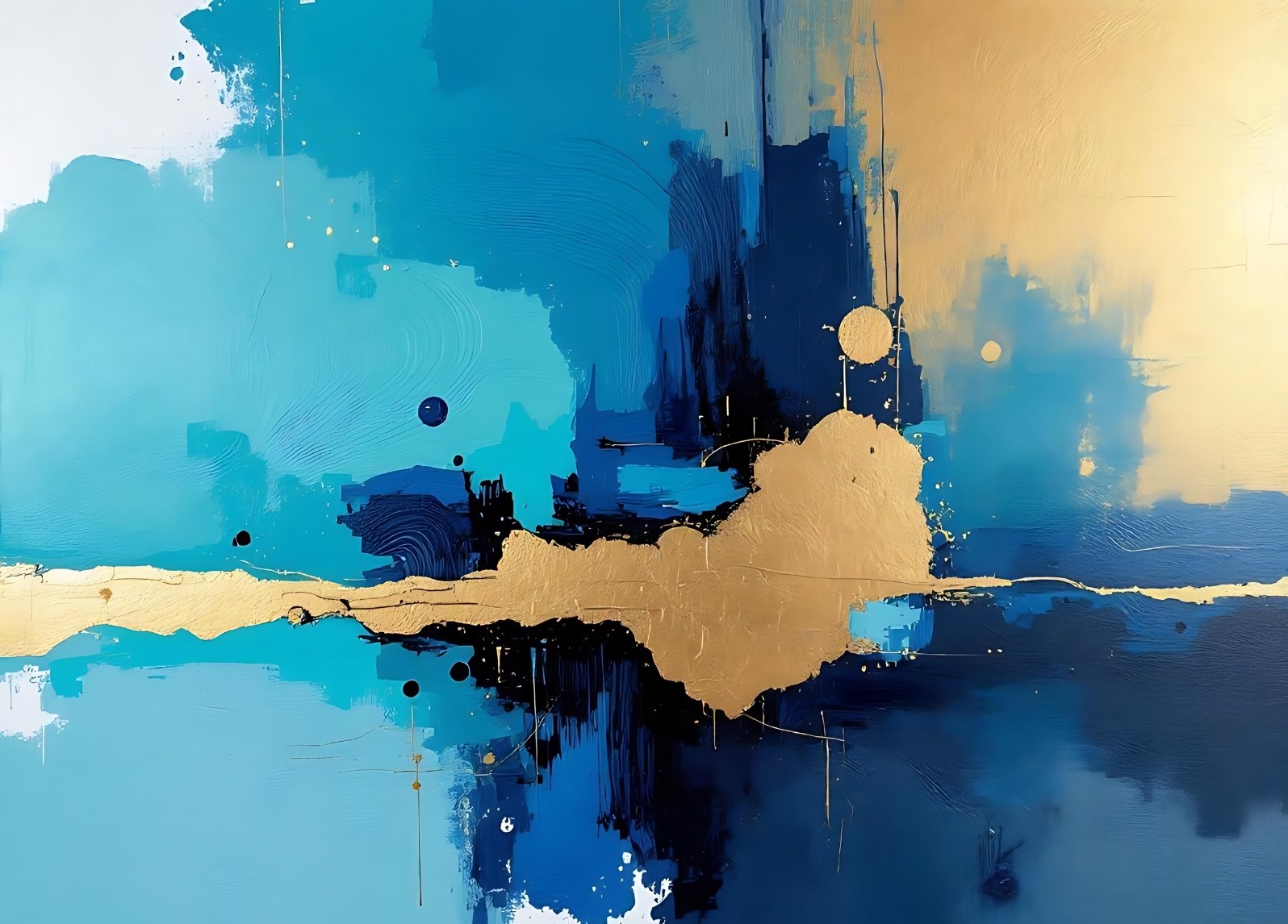 Tableau abstrait bleu et or horizontal avec ligne dorée centrale et textures contemporaines
