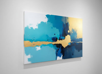Vue de profil de la toile abstraite bleu et or sur châssis avec impression haute définition
