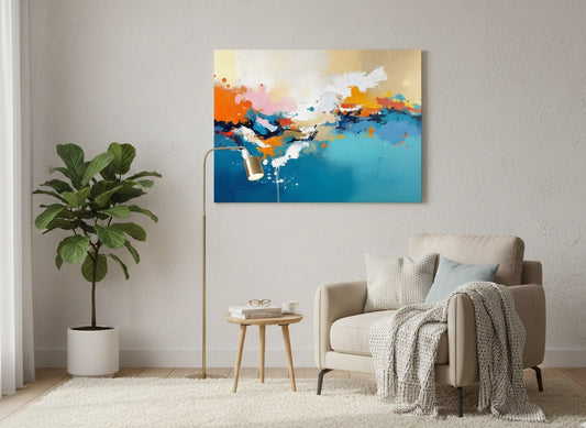 Tableau abstrait moderne bleu corail en décoration murale contemporaine
