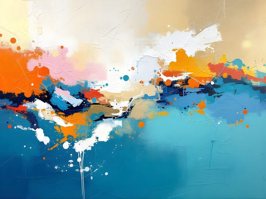 Tableau abstrait moderne bleu corail et éclats lumineux design contemporain
