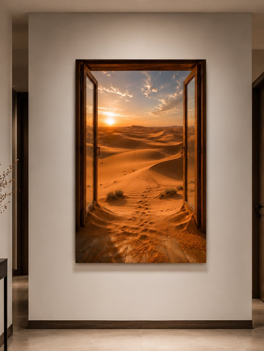 Paysage de dunes terracotta créant une illusion de profondeur dans le tableau Horizon de Sable
