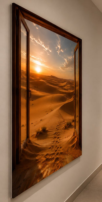 Porte ouverte sur un paysage désertique aux dunes ocre et à la lumière dorée
