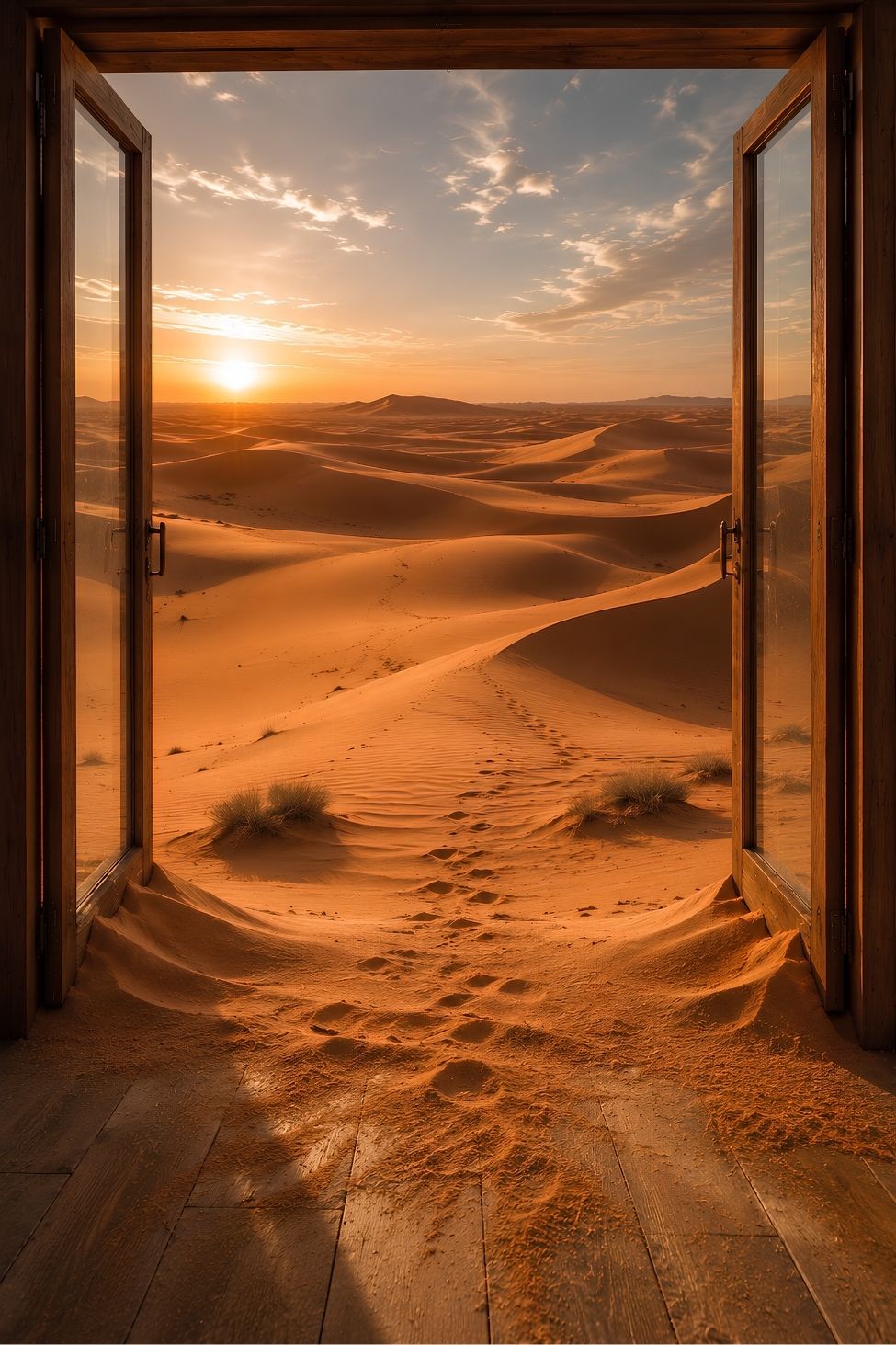 Trompe-l'œil mural Horizon de Sable avec porte ouverte sur de vastes dunes au soleil couchant
