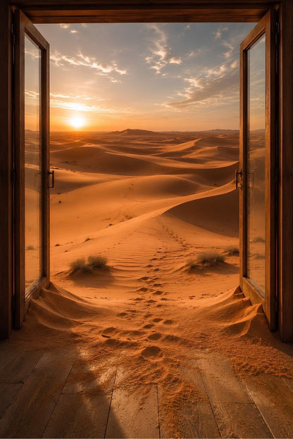 Trompe-l'œil mural Horizon de Sable avec porte ouverte sur de vastes dunes au soleil couchant
