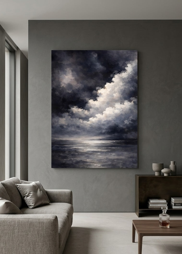Tableau horizon marin accroché dans un salon moderne, déco murale apaisante aux tons sobres et élégants.
