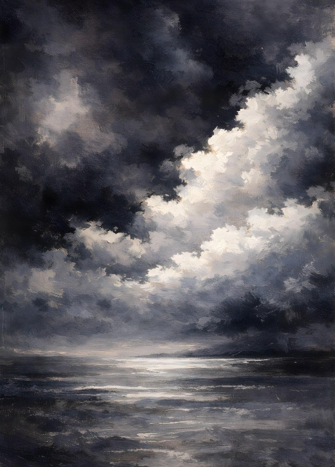 Tableau contemporain représentant une mer calme sous un ciel nuageux, dans une ambiance douce et contemplative.
