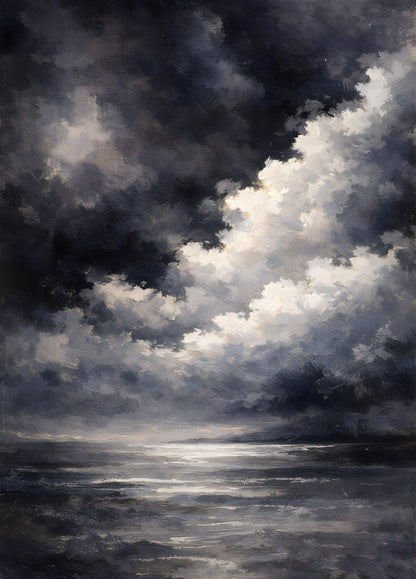 Tableau contemporain représentant une mer calme sous un ciel nuageux, dans une ambiance douce et contemplative.
