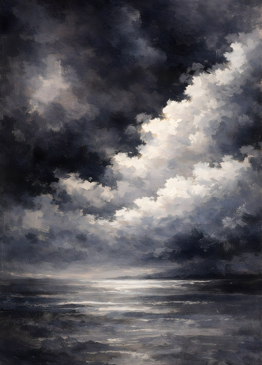 Tableau contemporain représentant une mer calme sous un ciel nuageux, dans une ambiance douce et contemplative.
