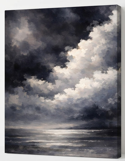 Vue de profil sur toile d’un paysage marin contemporain, avec nuances de gris et lumière diffuse sur l’horizon.
