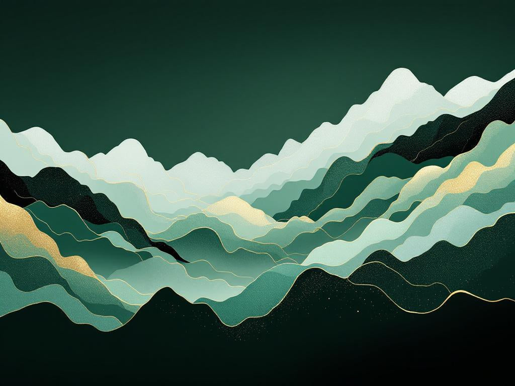 Tableau moderne vert abstraction montagne stylisée lignes dorées design contemporain
