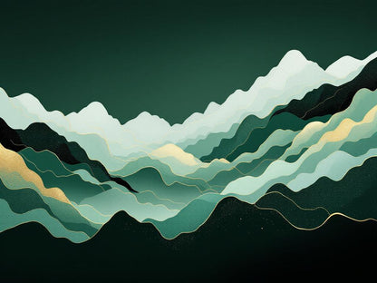 Tableau moderne vert abstraction montagne stylisée lignes dorées design contemporain

