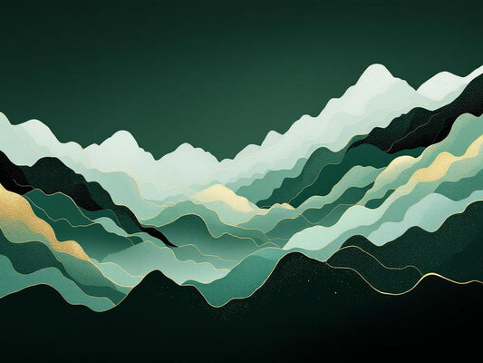 Tableau moderne vert abstraction montagne stylisée lignes dorées design contemporain
