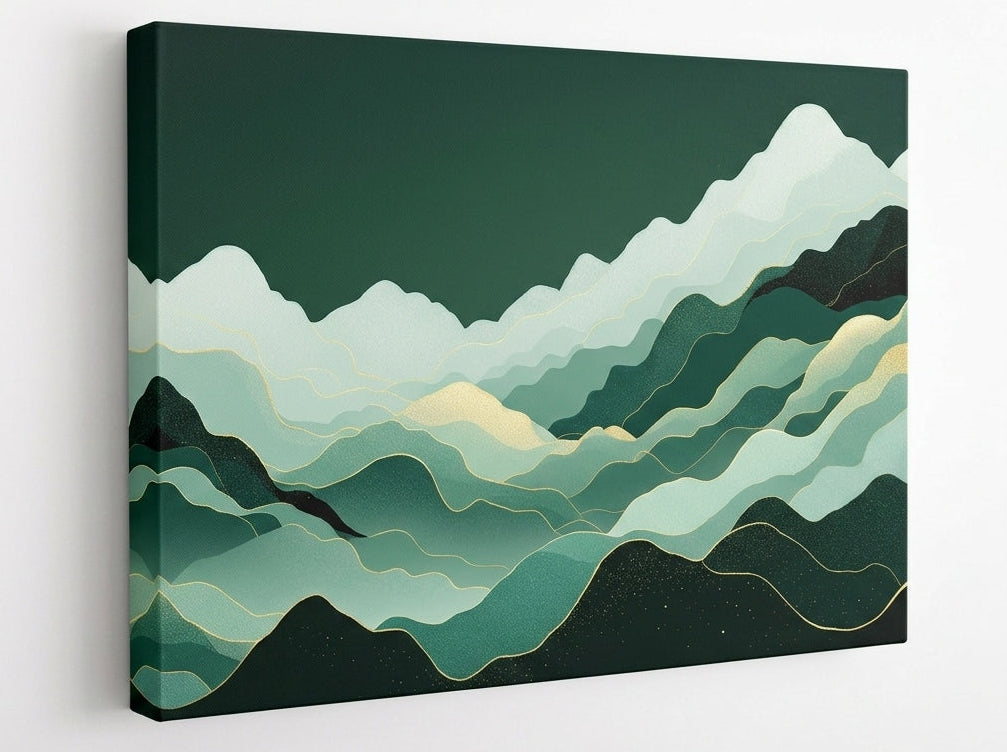 Tableau contemporain design nuances vert forêt sauge effet relief minimaliste
