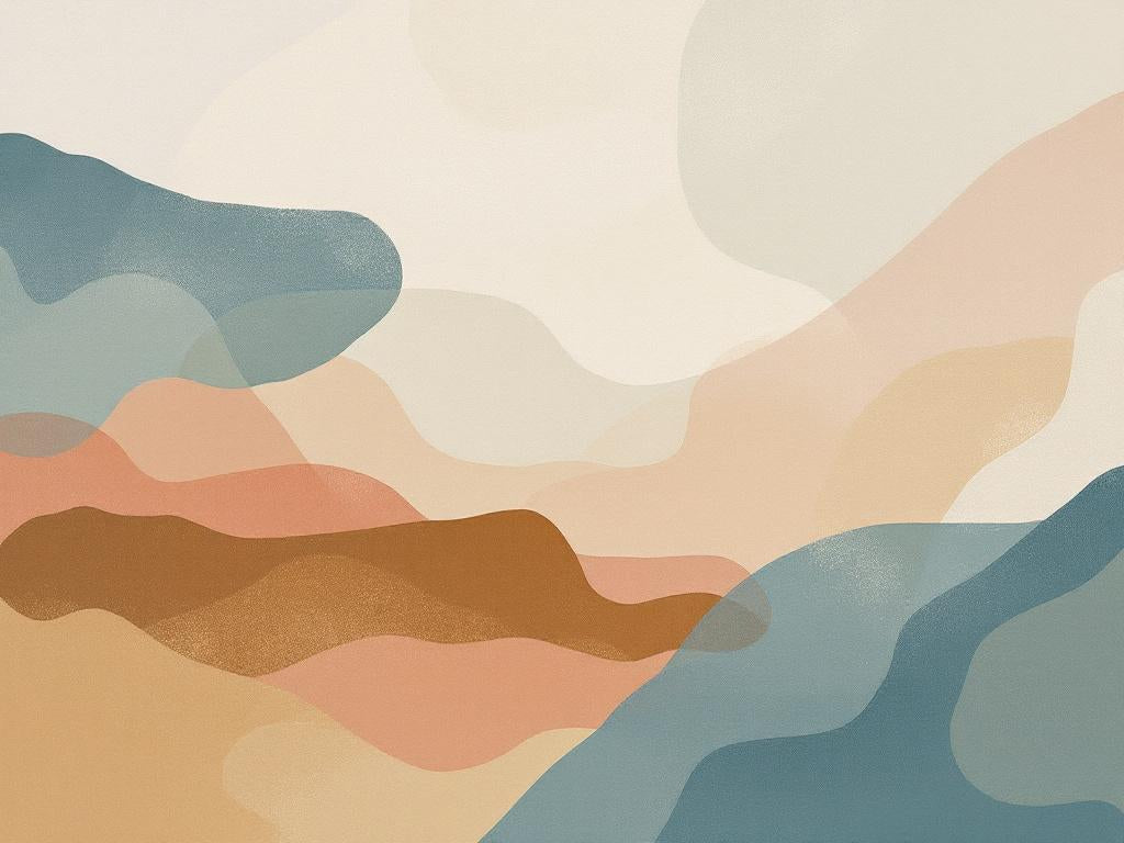 Tableau abstrait formes organiques pastel bleu terracotta pour salon minimaliste apaisant
