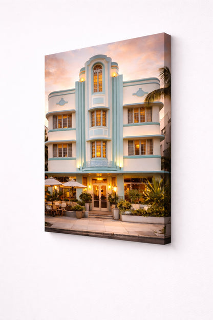 Entrée d’hôtel Art Déco à Miami à la tombée du jour
