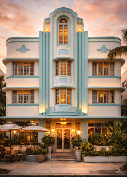Hôtel Art Déco de Miami avec façade pastel éclairée
