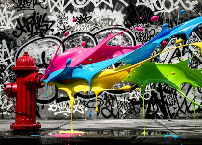 Hydrant rouge iconique projetant une vague de peinture néon sur mur graffiti en noir et blanc
