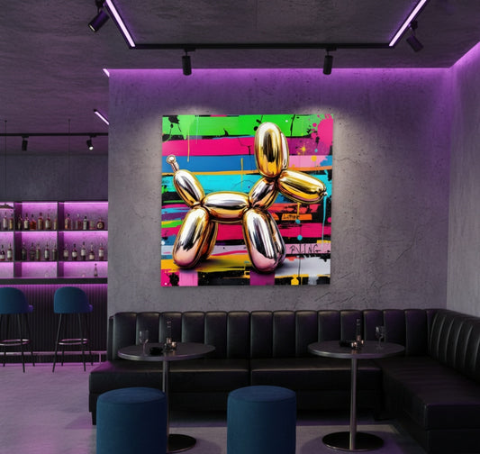 Oeuvre murale pop art chien ballon doré
