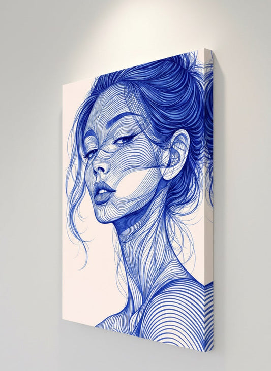 Tableau illustration visage minimaliste bleu profond pour salon épuré et intérieur design
