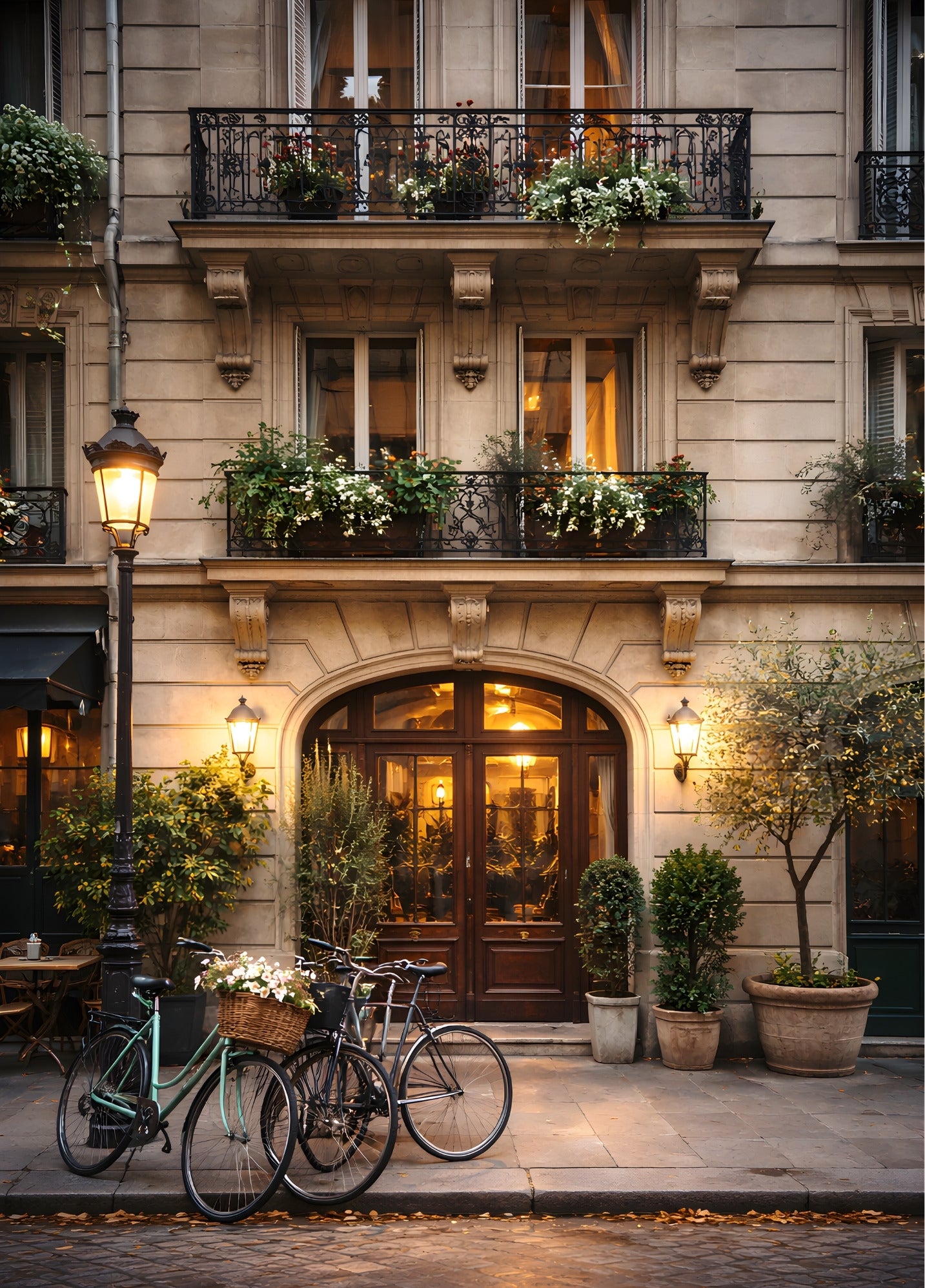 Immeuble haussmannien parisien avec balcons et lumière du soir
