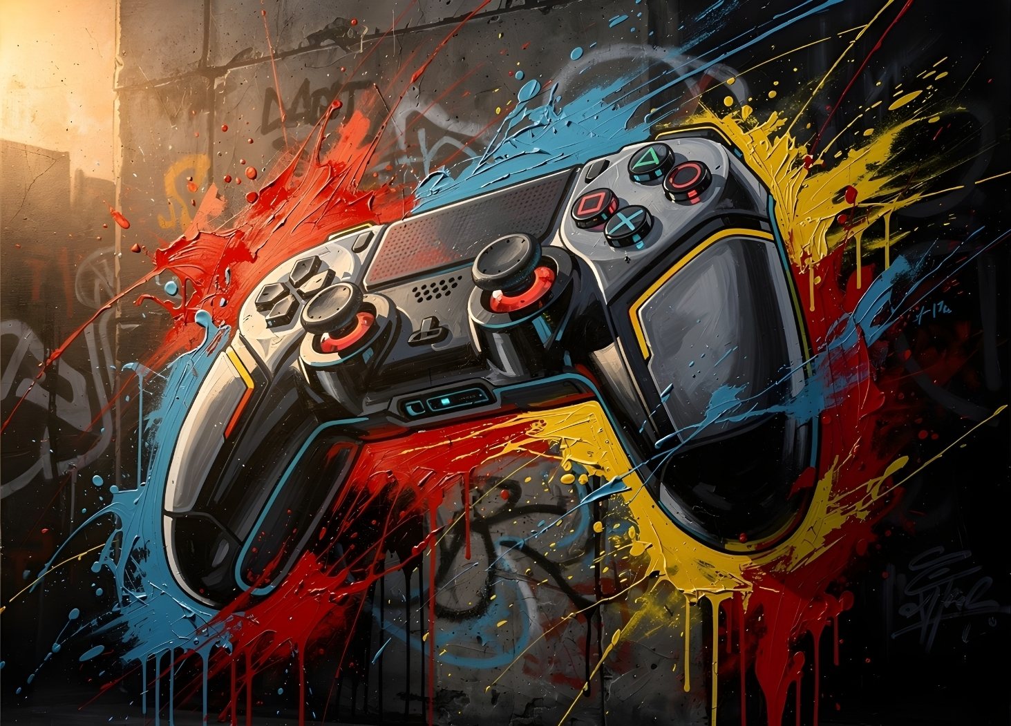 Manette de jeu street art, éclaboussures colorées et style urbain
