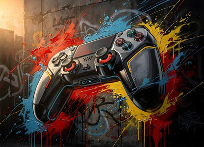 Manette de jeu street art, éclaboussures colorées et style urbain
