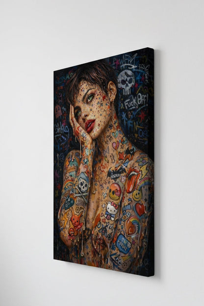 Tableau portrait pop art, détails graphiques et textures
