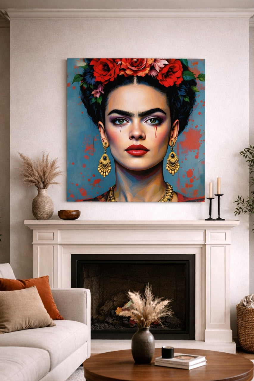 Tableau portrait de Frida Kahlo coloré présenté dans un salon contemporain
