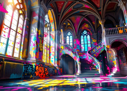 Tableau street art architectural dans une salle voûtée lumineuse avec éclats de peinture
