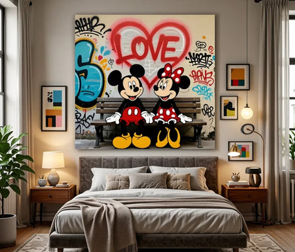 Toile pop art Mickey et Minnie vue de profil sur châssis
