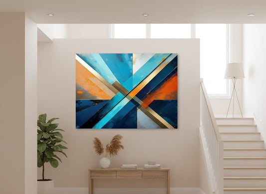 Tableau abstrait géométrique bleu et orange en décoration murale moderne
