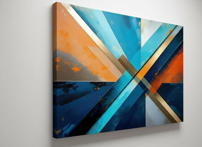 Vue de profil toile abstraite géométrique bleu et orange sur châssis
