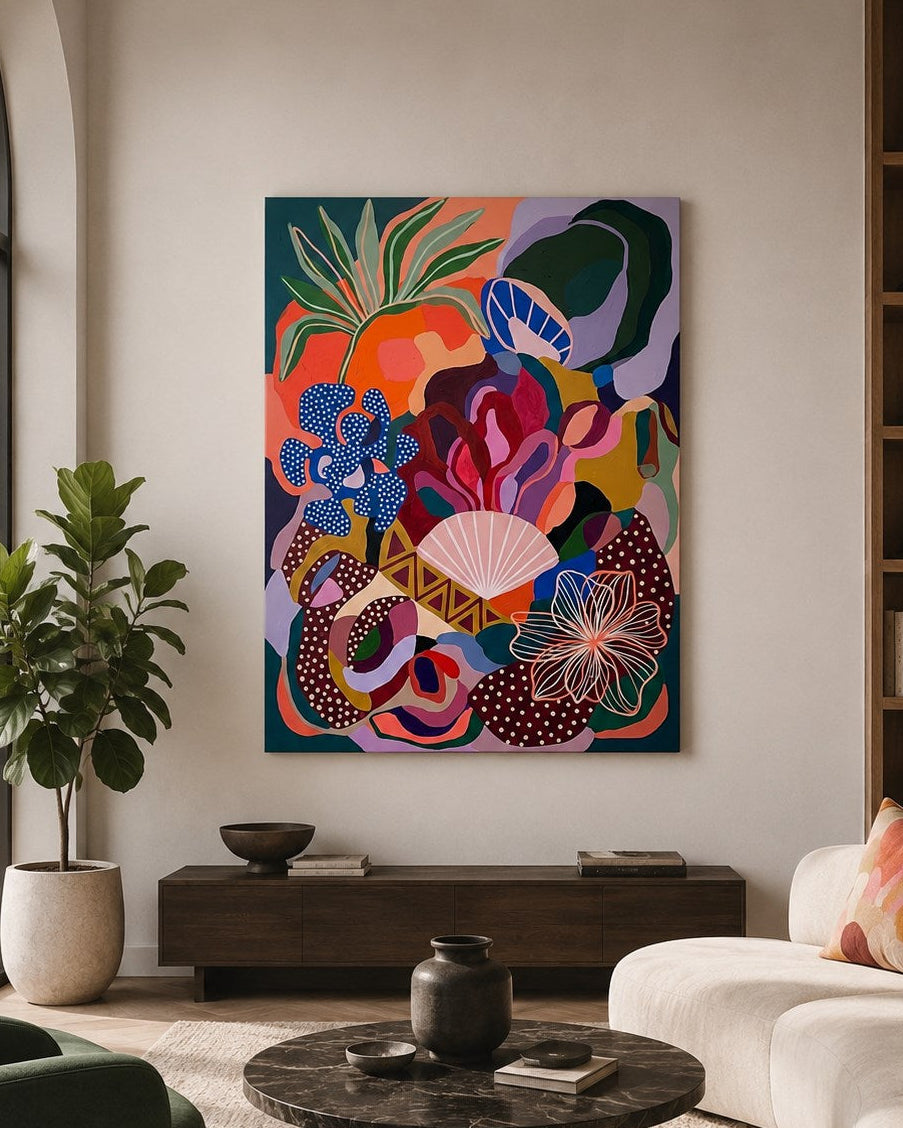 Œuvre abstraite florale moderne mêlant végétation graphique et palette colorée raffinée
