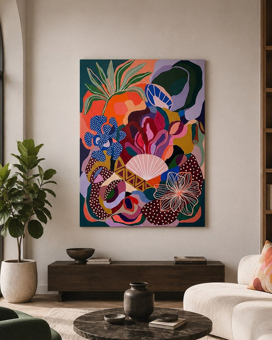 Œuvre abstraite florale moderne mêlant végétation graphique et palette colorée raffinée
