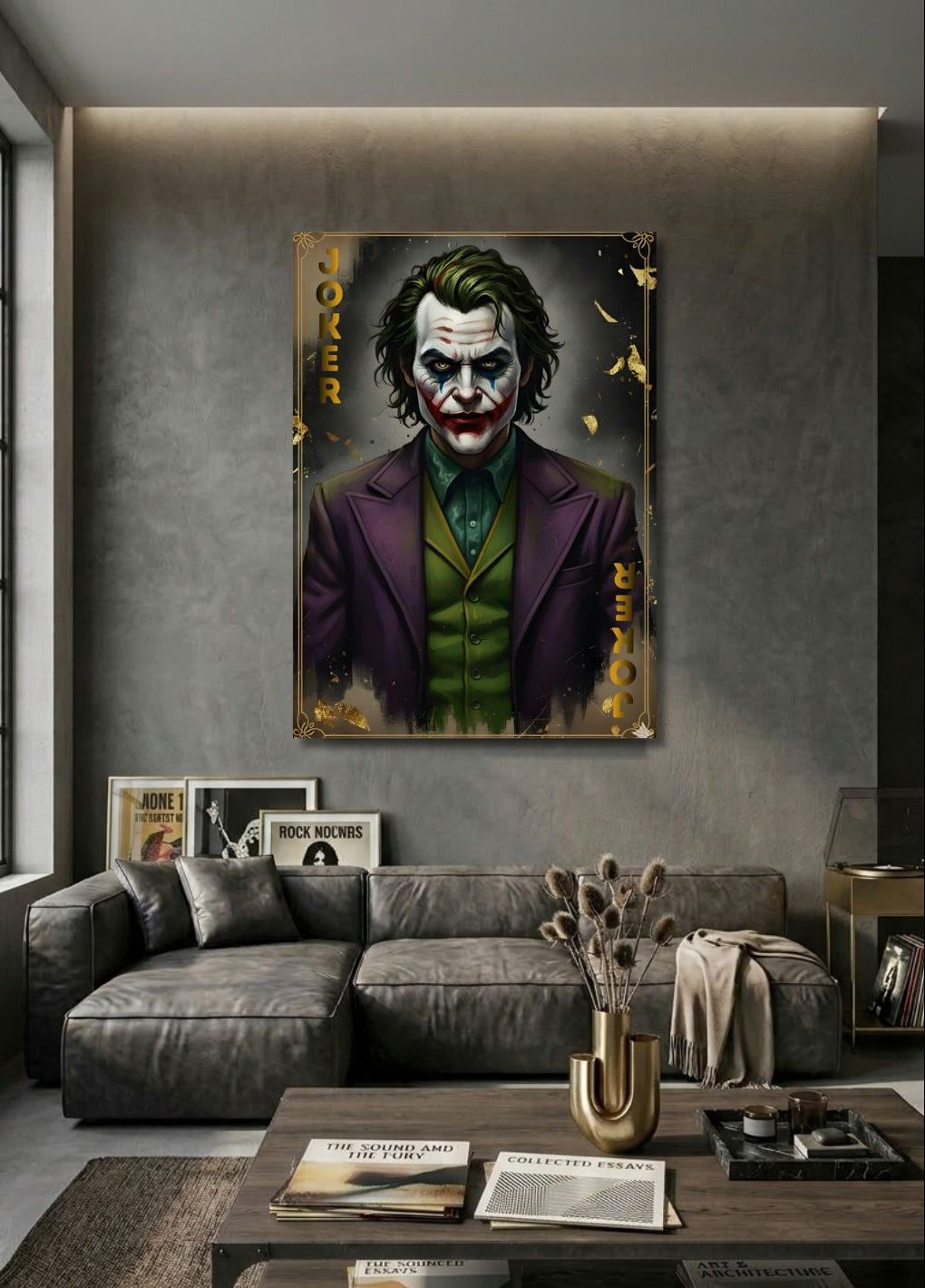Tableau Joker accroché dans salon moderne ambiance sombre et design contemporain

