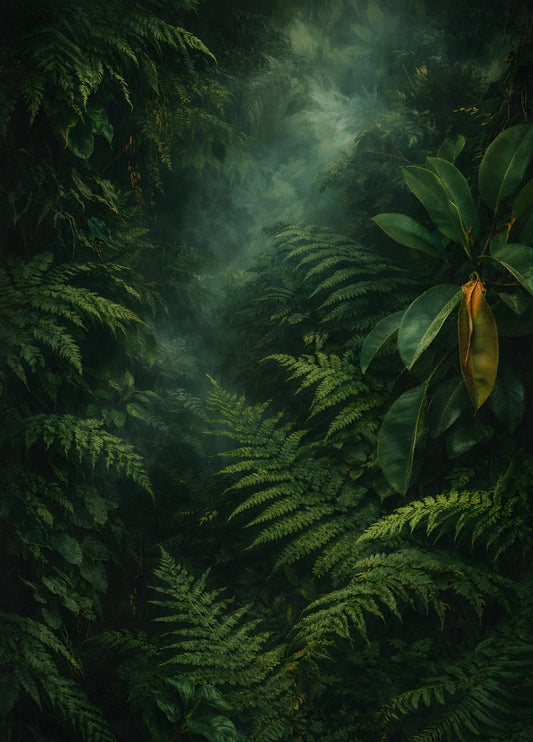 Tableau moderne jungle verte brume tropicale fougères luxuriantes art mural contemporain
