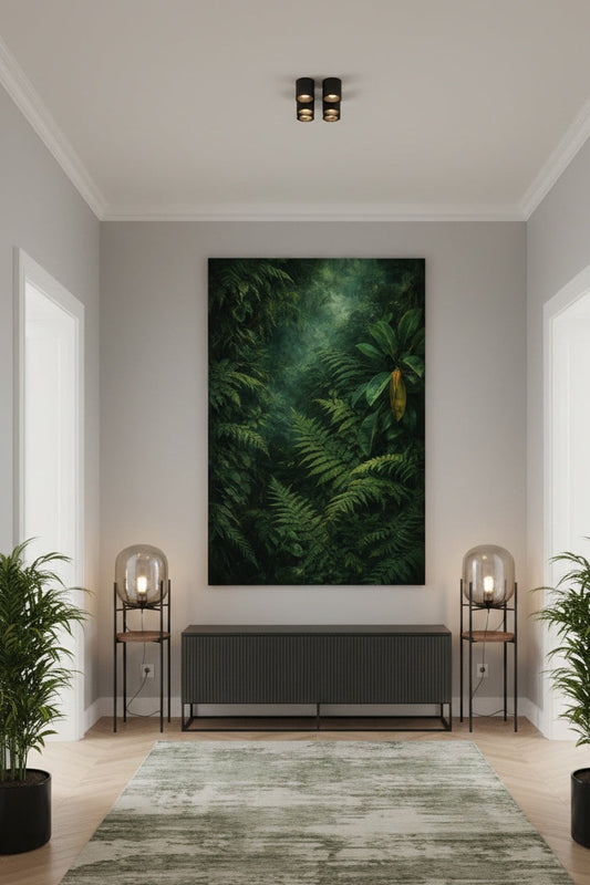 Déco murale jungle verte installée dans un salon design ambiance nature chic
