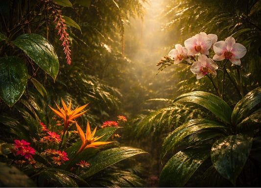 Tableau moderne jungle tropicale avec orchidées et lumière dorée, art mural nature contemporaine
