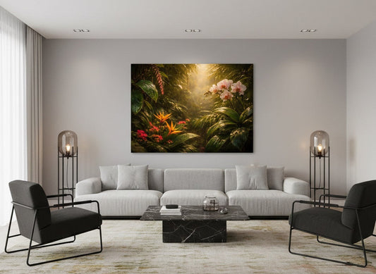 Déco murale jungle tropicale installée dans un salon moderne ambiance nature chic
