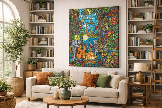 Tableau coloré intégré dans salon contemporain design
