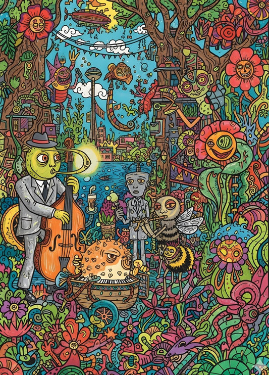 Tableau figuration libre coloré personnages expressifs
