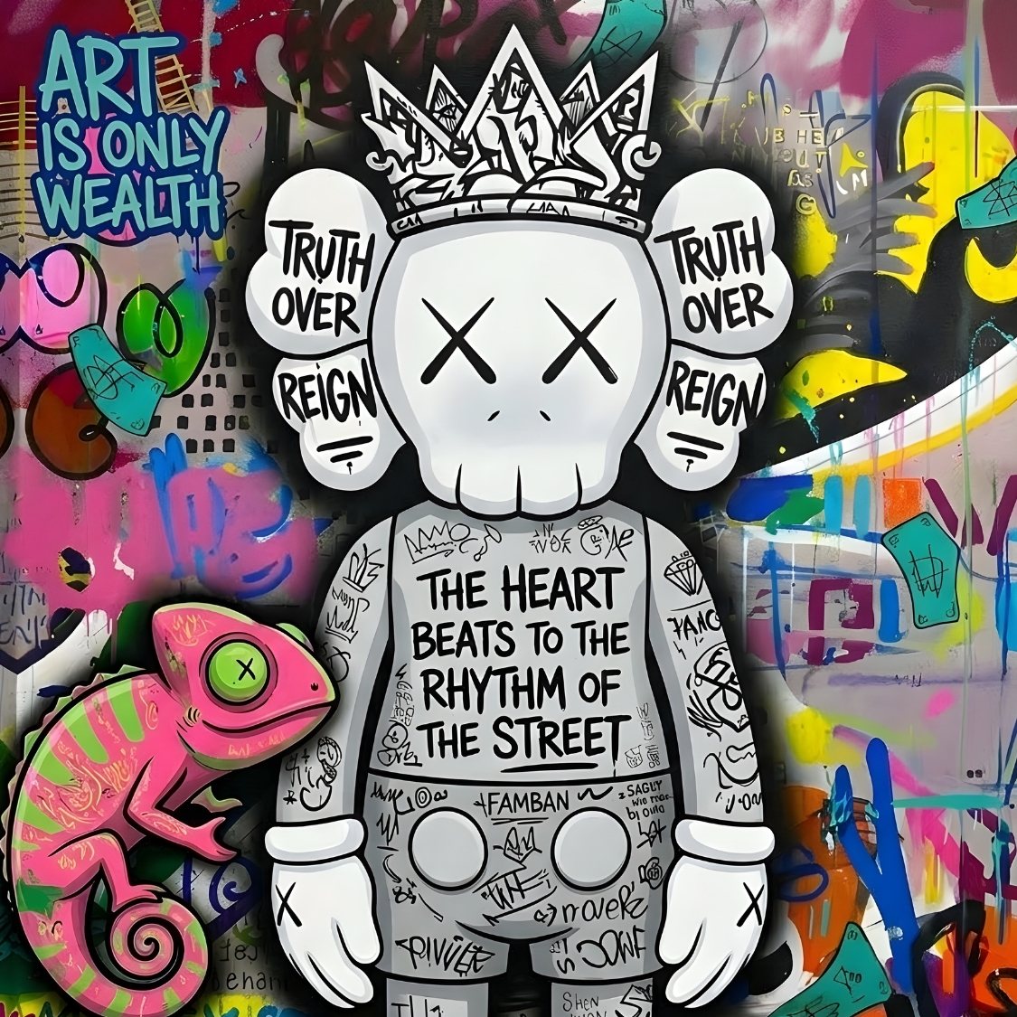 Tableau street art inspiration Kaws, personnage graphique yeux croix, fond graffiti coloré, décoration murale moderne exclusive
