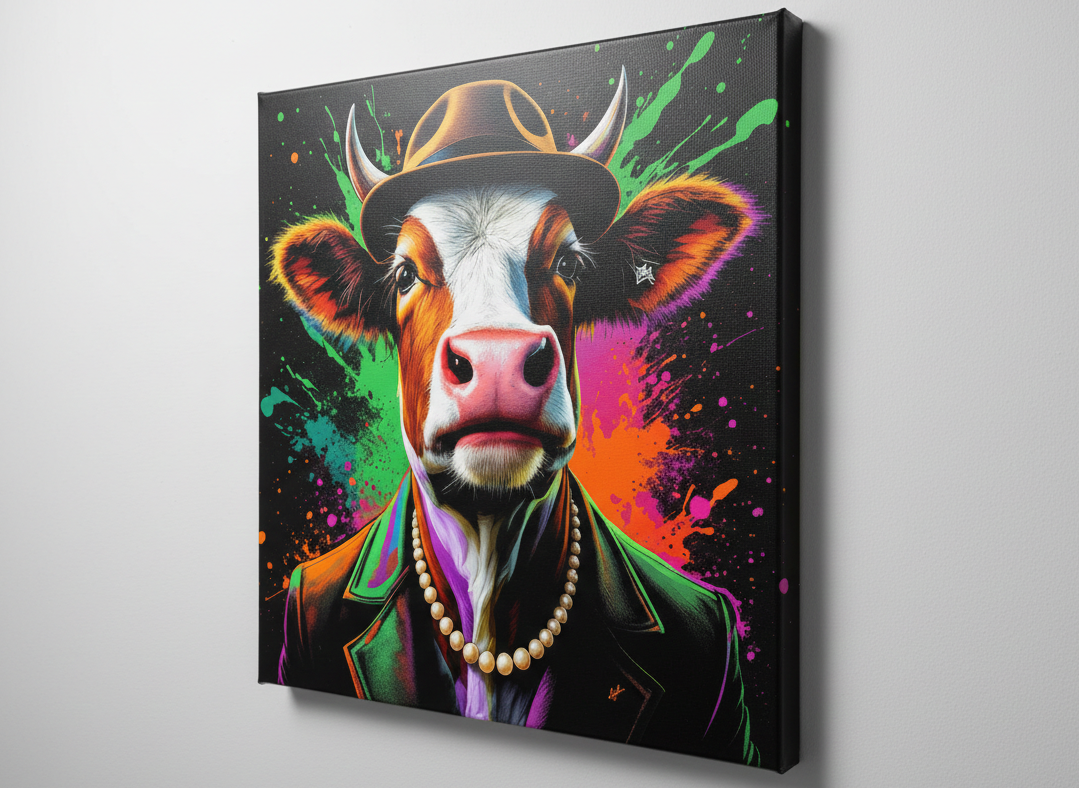 Portrait animal décalé avec chapeau et perles
